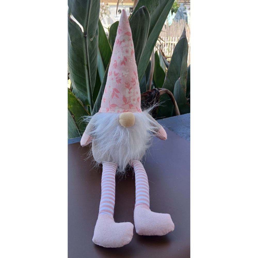 Aldi Spring Mini Gnome Pink Floral Hat Striped Legs Decorative Plush 15 Inch